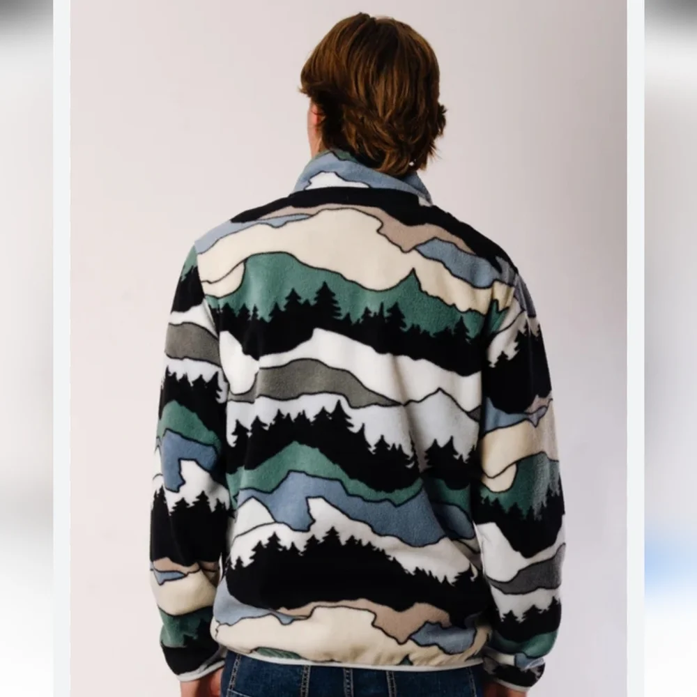Free Nature Mountain Pattern Full Zip up Polar Fleece Hooded Jacket Size Large